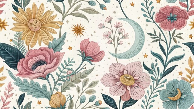 Pastel Flower Sun Moon Boho Wallpaper: Vintage Style Photography