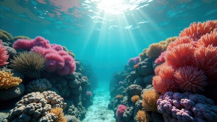 Split view of vibrant coral reef underwater with coastal landscape above water	