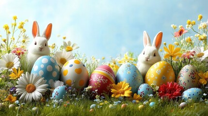 Two adorable rabbits surrounded by colorful Easter eggs in a vibrant flower garden