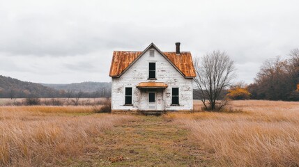 Abandoned rustic farmhouse with weathered wooden roof in overgrown field under cloudy sky and distant hills