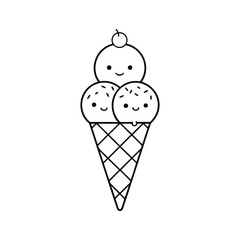 Cute Kawaii Ice Cream Cone Line Art – Adorable Smiling Triple Scoop Vector Illustration