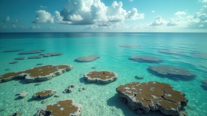 Obraz premium Shallow coral reef with clear turquoise water and sky with scattered clouds 