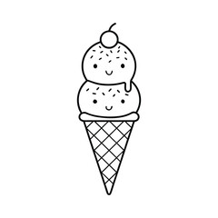 Cute Kawaii Ice Cream Cone Line Art – Adorable Smiling Triple Scoop Vector Illustration