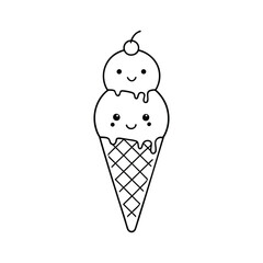 Cute Kawaii Ice Cream Cone Line Art – Adorable Smiling Triple Scoop Vector Illustration
