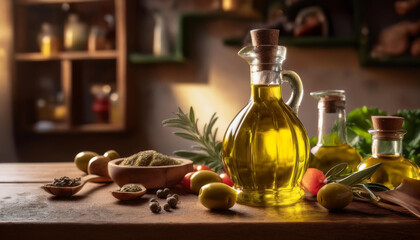 bottle of olive oil sits on a table with a bunch of other ingredients