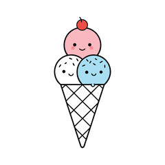 Kawaii Ice Cream Cone – Cute Smiling Triple Scoop Cartoon Vector Illustration