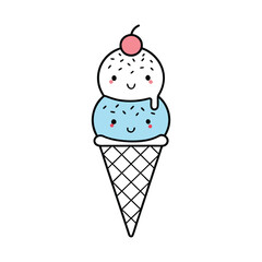 Kawaii Ice Cream Cone – Cute Smiling Triple Scoop Cartoon Vector Illustration