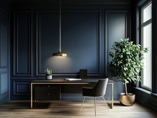 Fototapeta premium Dark study, modern desk, plant, window. Interior design, home office