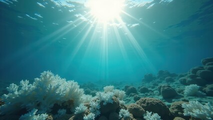 Naklejka premium Underwater coral reef affected by bleaching with sunlight rays penetrating water 
