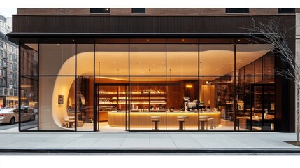 Modern city cafe storefront, evening, urban background, retail