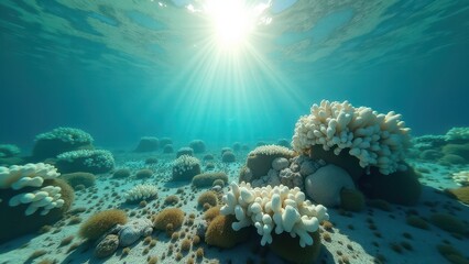 Obraz premium Underwater coral reef affected by bleaching with sunlight rays penetrating water 