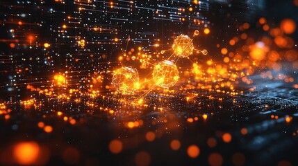 Abstract representation of molecular structures with glowing particles on a digital background