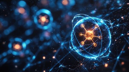 Abstract representation of atomic structure with glowing particles and interconnected lines in a digital space