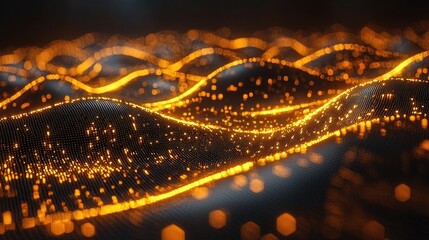 Abstract representation of glowing orange waves with particles, creating a dynamic digital landscape