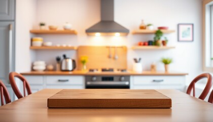 Fototapeta premium Modern kitchen interior with kitchen utensils, refrigerator, shelves, and a clean design, featuring fresh food and vegetables in an empty room