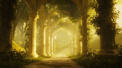 Sizable Sunlit Orchard Path Surrounded by Ancient Stone Columns