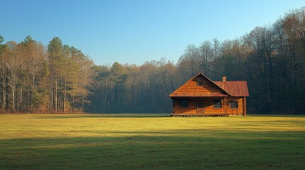 Obraz premium Log Cabin Home in Autumn Woods Meadow