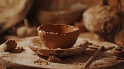 Scene of a pottery making setup. Featuring clay, tools, and a potter's wheel. Highlighting the craft of pottery. Ideal for DIY and craft blogs.