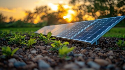 Solar panels in a vibrant sunset landscape with green plants and a serene background