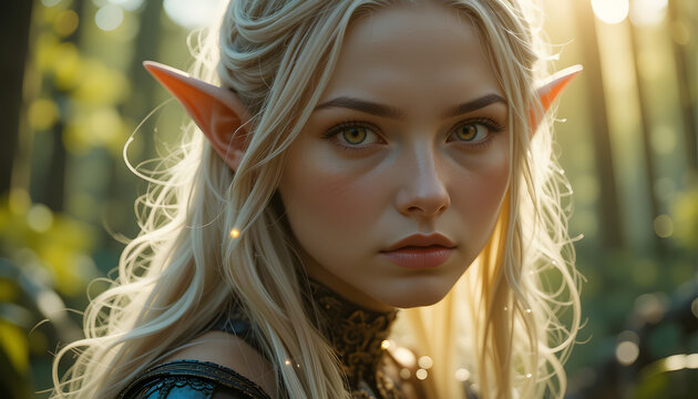 Close up beautiful blonde elf girl with morning woods background. 