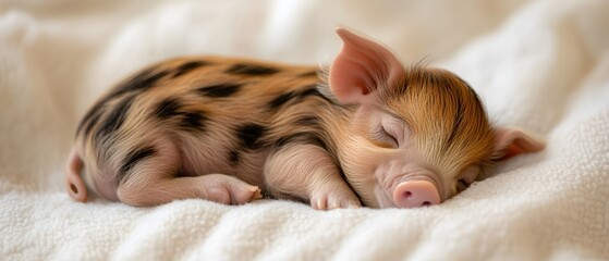 Sweet Dreams Little Piglet A Tiny Spotted Pig Sleeping Peacefully on Soft Blanket