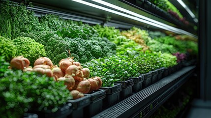 Fresh assortment of vibrant vegetables and herbs displayed in a modern grocery store aisle