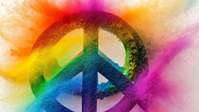 Colorful peace symbol created with vibrant powder during a festival celebrating diversity and harmony in the community
