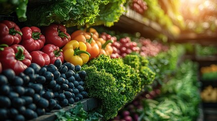 Vibrant display of fresh vegetables and fruits in a market, showcasing colorful produce and natural light