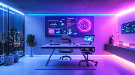 Futuristic Office with Neon Lights and City View