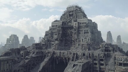 Fototapeta premium Towering Fortress Ruins with Charred Detailed Architecture and Landscape
