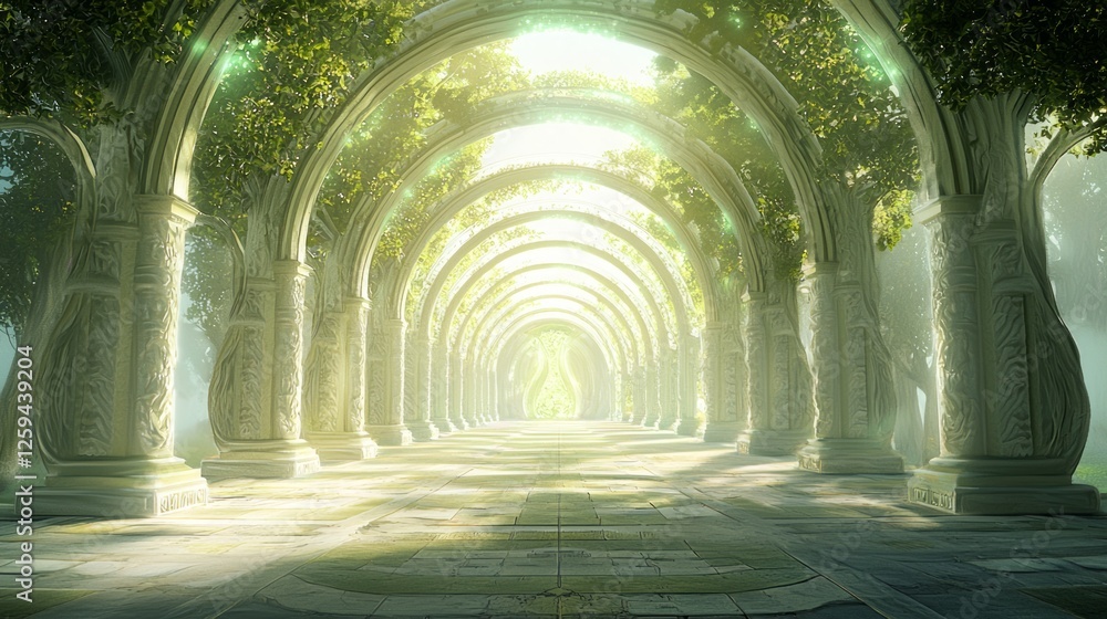 Wall mural Serene Arched Colonnade Surrounded by Lush Orchard and Greenery