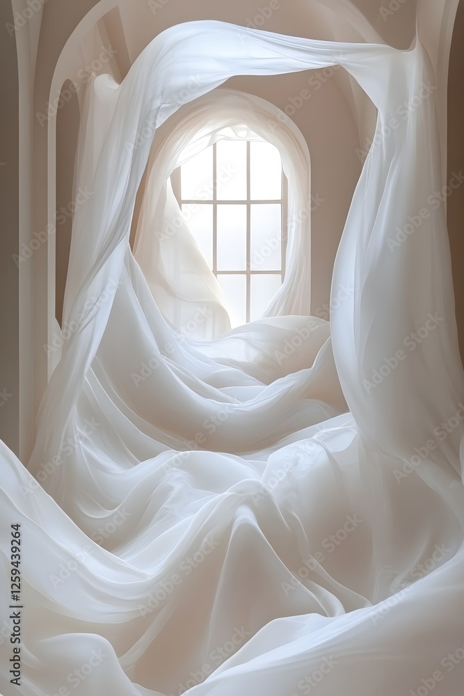 Poster ethereal white fabric flowing through an archway bathed in soft light creating a dreamy scene