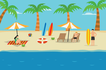 Tropical Beach Vacation – Relaxing Summer Scene with Surfboards and Palm Trees 2d flat vector illustrations