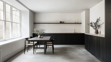 Minimalist dining room, London flat, natural light, dark cabinetry, interior design