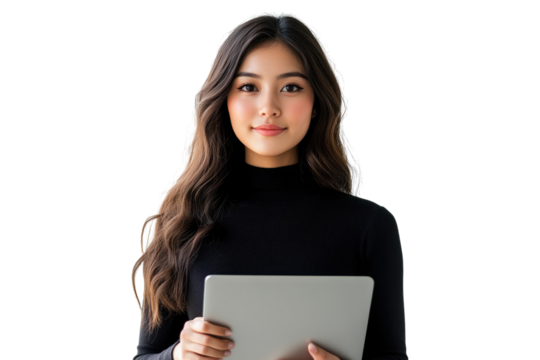 Smiling girl holding tablet isolated on white or transparent, PNG