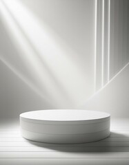 blank white product display concept with white round platform and light rays
