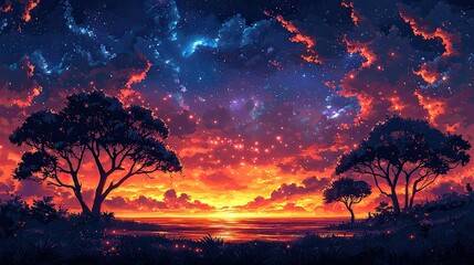 Vibrant sunset over a serene landscape with silhouetted trees and a starry sky backdrop