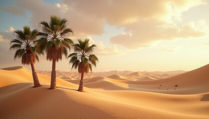 Palm Trees in Desert Dunes at Sunset