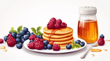 Delicious pancakes with raspberries and blueberries, topped with maple syrup, a perfect breakfast illustration