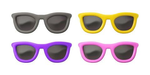 Sunglasses vector 3d icon set. Cartoon sun glasses in plastic style, isolated on white background. Black, pink yellow and purple accessories. Summer vacation fashion concept