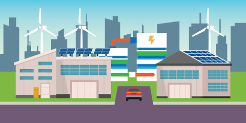 Renewable Energy Industry - Sustainable Factories with Solar Panels and Wind Turbines 2d flat vector illustrations