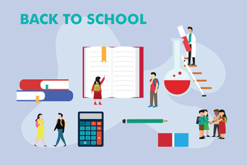 Fototapeta premium Back to School Concept with Students, Books, and Learning Materials 2d flat vector illustrations