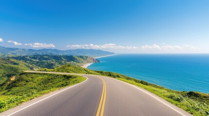 Winding coastal road, scenic view, sunny day, travel inspiration