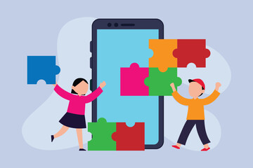 Kids Learning and Problem-Solving with Digital Puzzle 2d flat vector illustrations