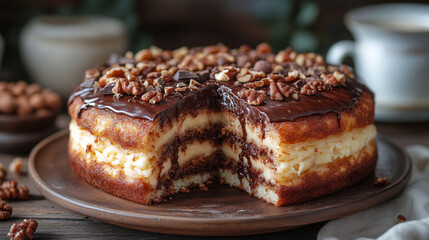 A perfectly layered chocolate cake with rich, velvety cream filling, topped with crunchy pecans and drizzled with thick caramel sauce.