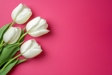 Fototapeta premium Bouquet of pink tulips flowers flat lays on pastel color background. Valentine's Day
