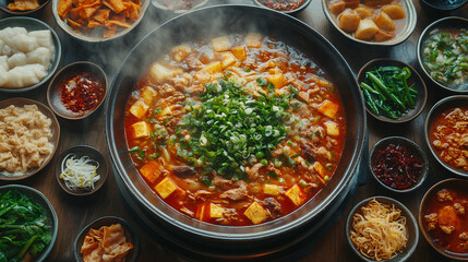 A sizzling pot of spicy tofu stew, infused with fresh green onions, garlic, and chili peppers, creating a vibrant and flavorful dish.