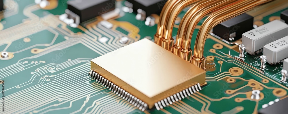 Poster efficiency optimization technique concept. close-up of a gold microchip on a green circuit board.