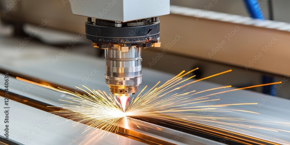 Poster efficiency optimization technique concept. laser cutting metal with sparks flying in a workshop sett