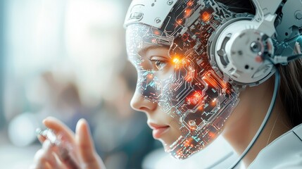 Woman wearing headphones looking at smartphone with a glowing digital mask effect in a modern setting